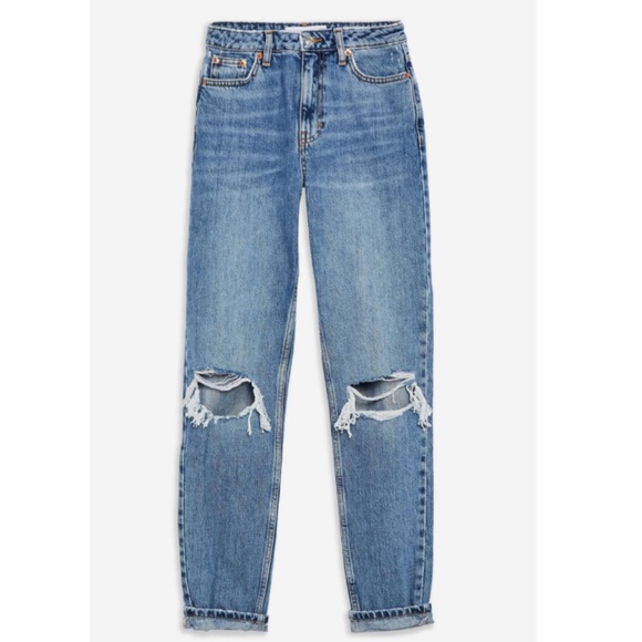 Topshop Distressed Light Blue Denim Jaime Mom Jeans W/ Knee Rips - Picture 2 of 4